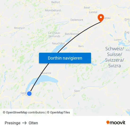 Presinge to Olten map