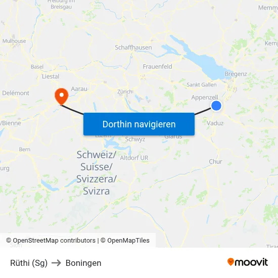 Rüthi (Sg) to Boningen map