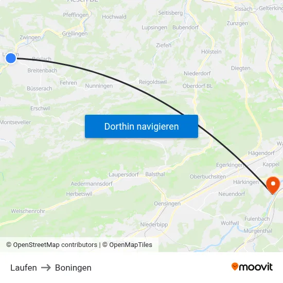 Laufen to Boningen map