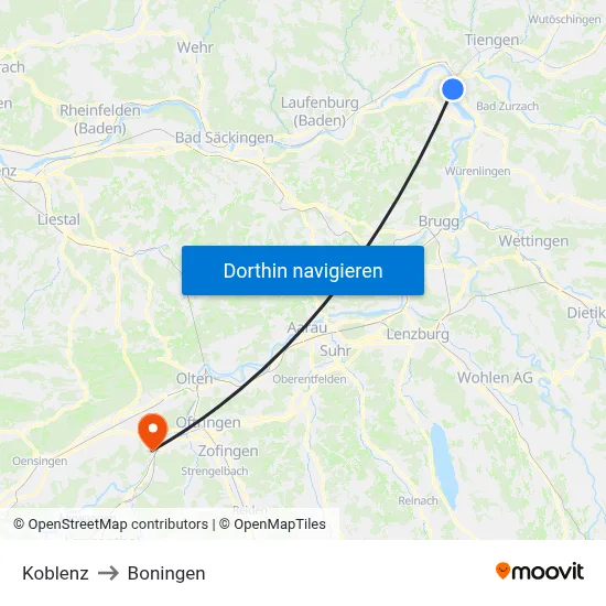 Koblenz to Boningen map