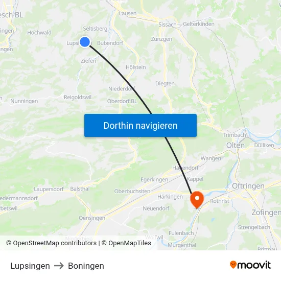 Lupsingen to Boningen map