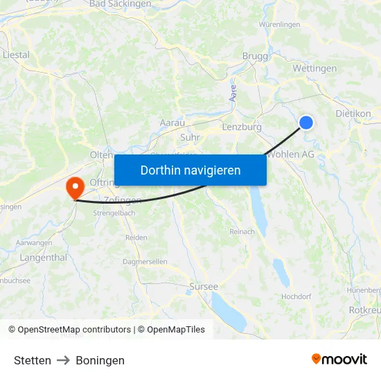 Stetten to Boningen map