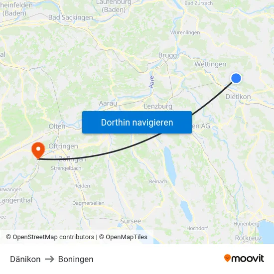 Dänikon to Boningen map