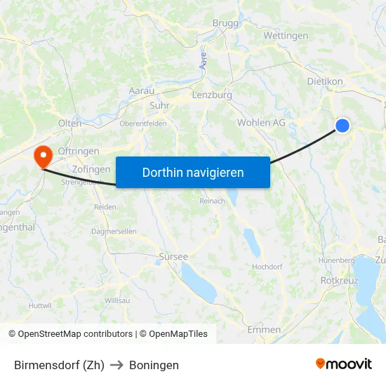 Birmensdorf (Zh) to Boningen map