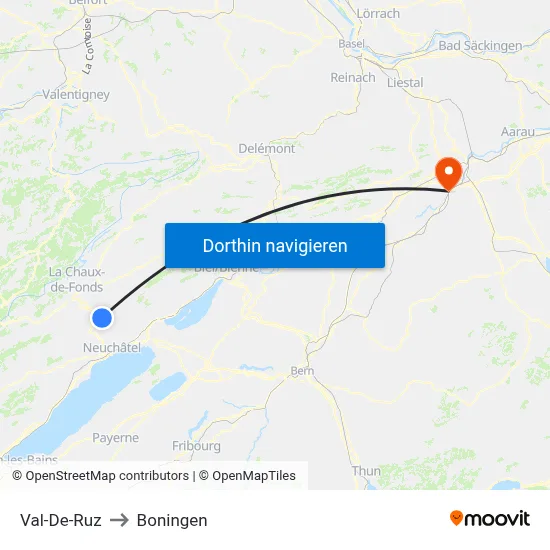 Val-De-Ruz to Boningen map