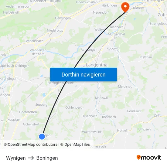 Wynigen to Boningen map