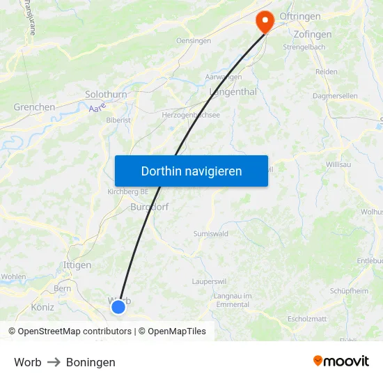 Worb to Boningen map