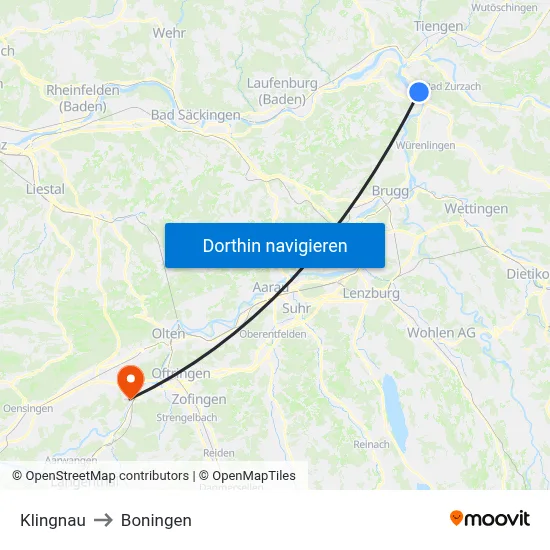 Klingnau to Boningen map