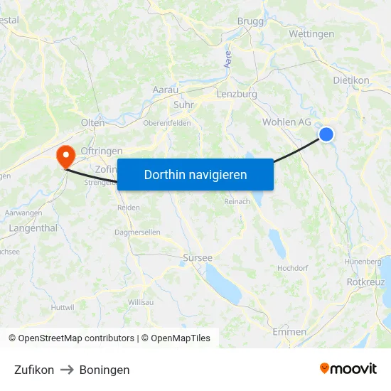 Zufikon to Boningen map