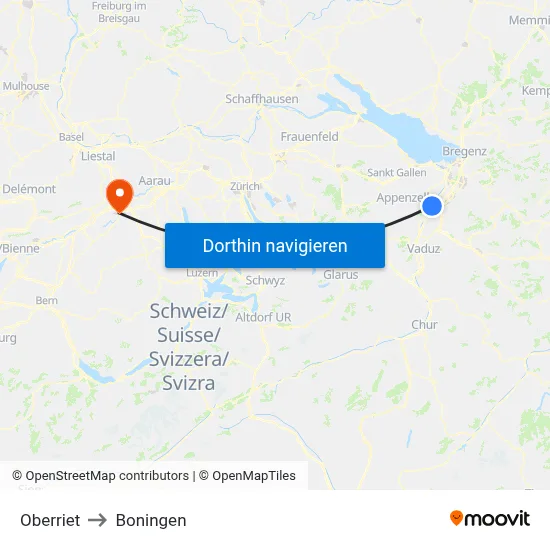 Oberriet to Boningen map