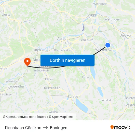 Fischbach-Göslikon to Boningen map