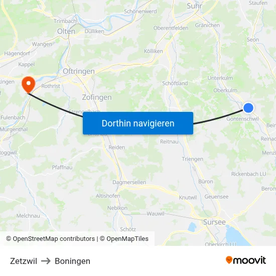 Zetzwil to Boningen map