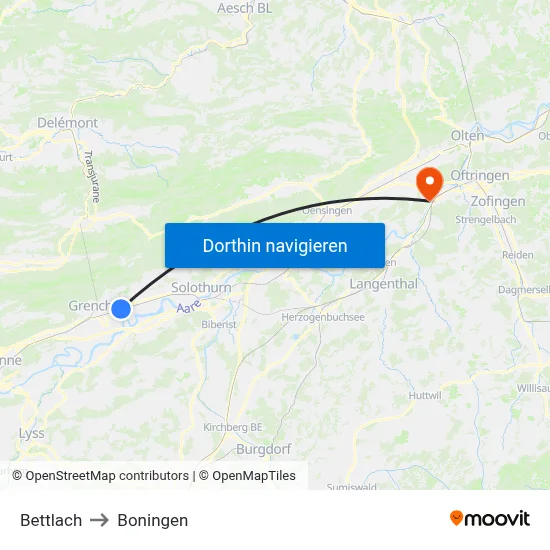 Bettlach to Boningen map