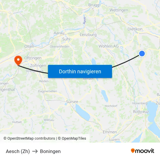 Aesch (Zh) to Boningen map