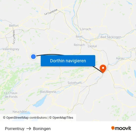 Porrentruy to Boningen map