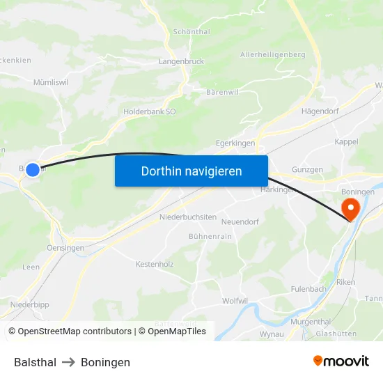 Balsthal to Boningen map
