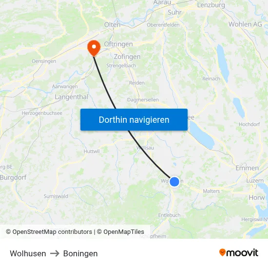 Wolhusen to Boningen map