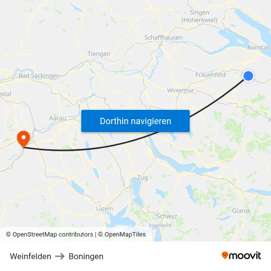 Weinfelden to Boningen map