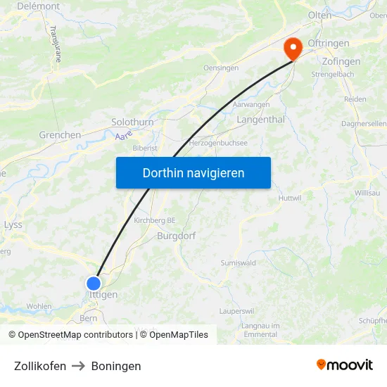 Zollikofen to Boningen map