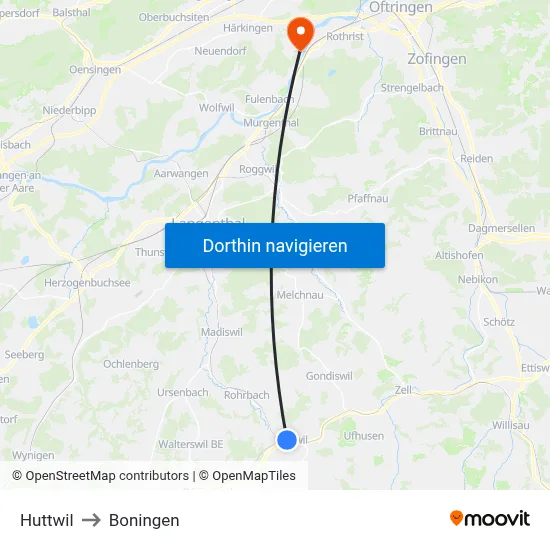 Huttwil to Boningen map