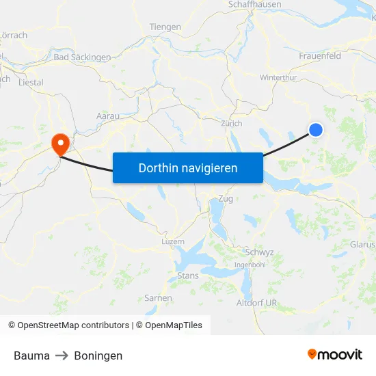 Bauma to Boningen map