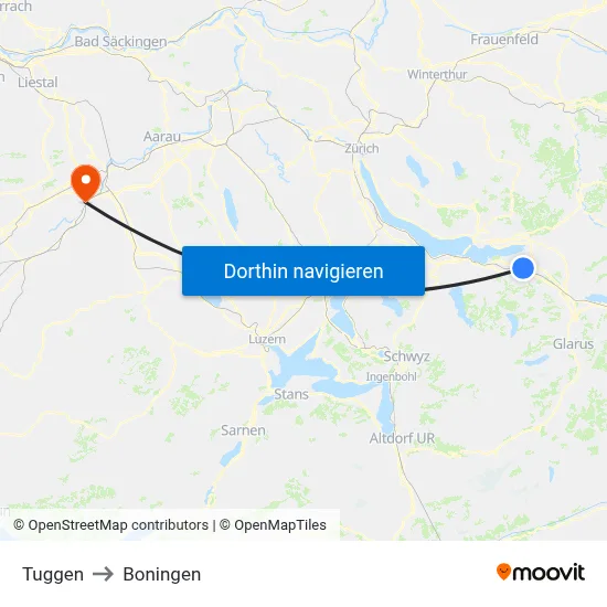 Tuggen to Boningen map