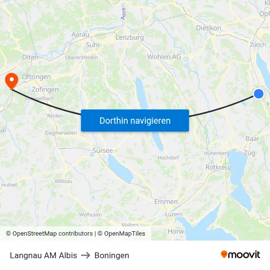Langnau AM Albis to Boningen map