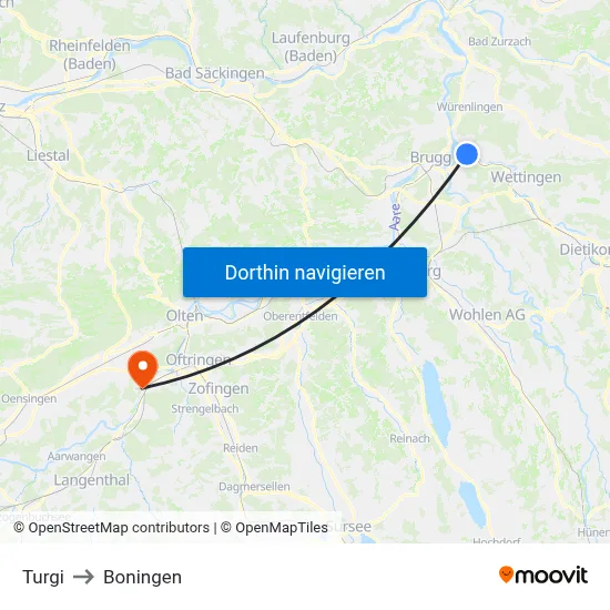Turgi to Boningen map