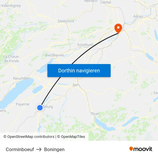 Corminboeuf to Boningen map