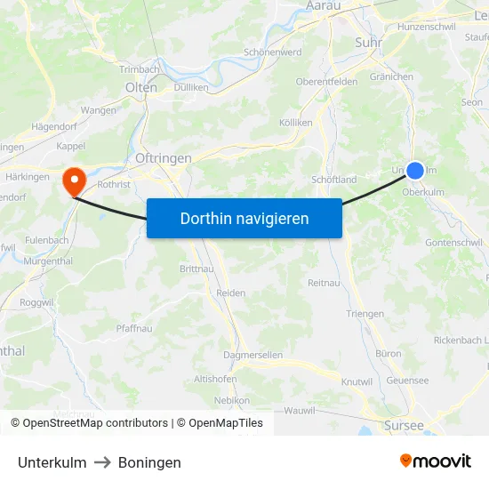 Unterkulm to Boningen map