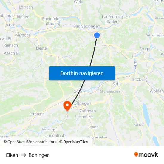 Eiken to Boningen map