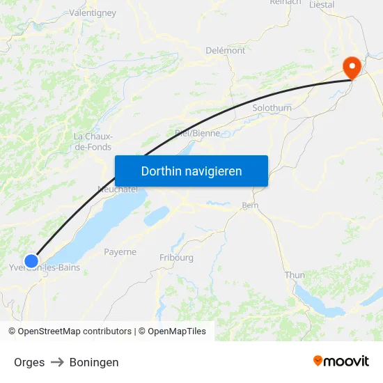 Orges to Boningen map