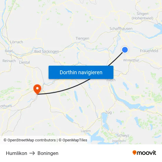 Humlikon to Boningen map
