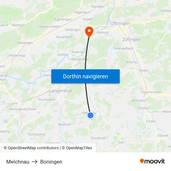 Melchnau to Boningen map