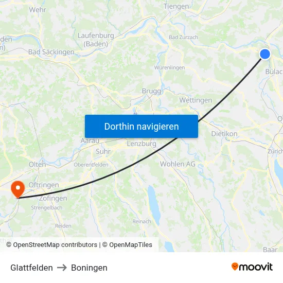 Glattfelden to Boningen map