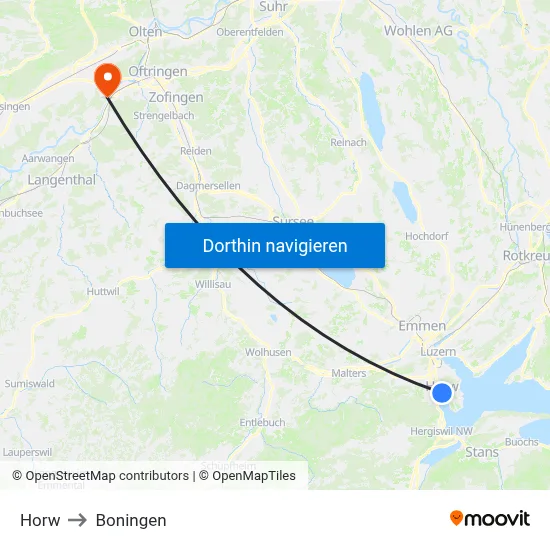 Horw to Boningen map