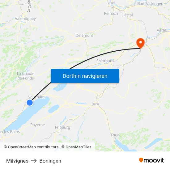 Milvignes to Boningen map