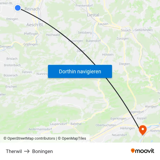 Therwil to Boningen map