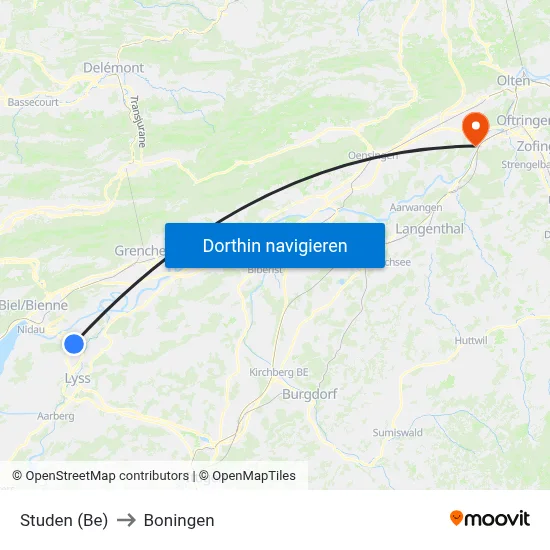 Studen (Be) to Boningen map