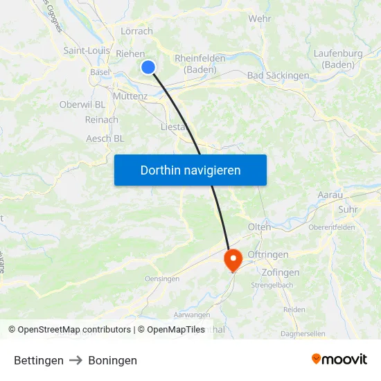 Bettingen to Boningen map