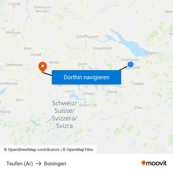Teufen (Ar) to Boningen map