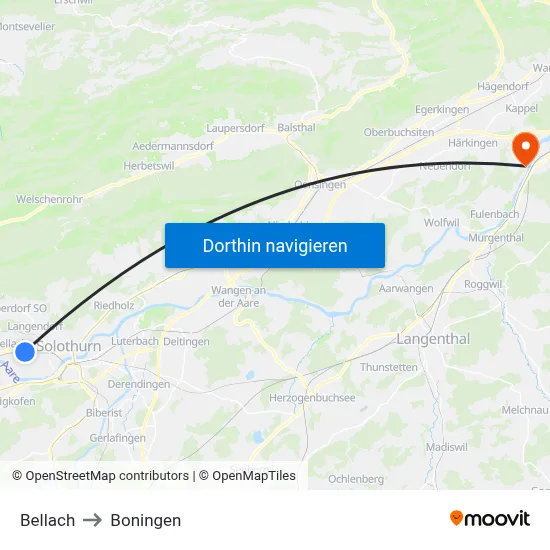 Bellach to Boningen map