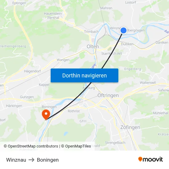 Winznau to Boningen map