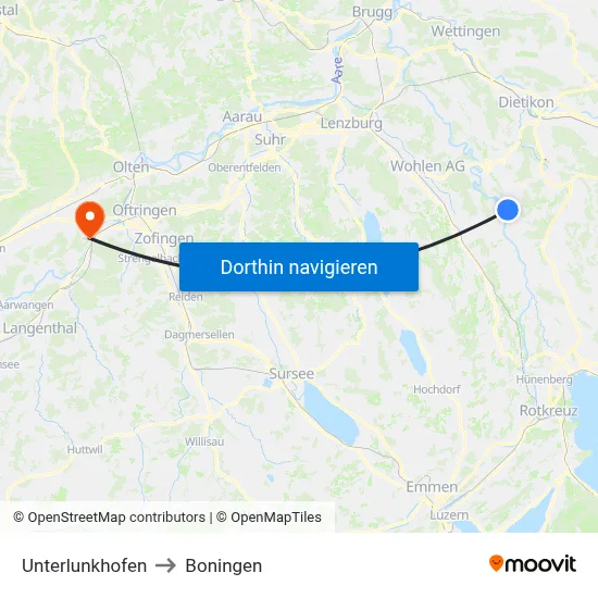 Unterlunkhofen to Boningen map