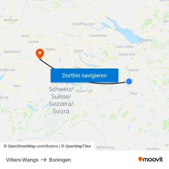Vilters-Wangs to Boningen map