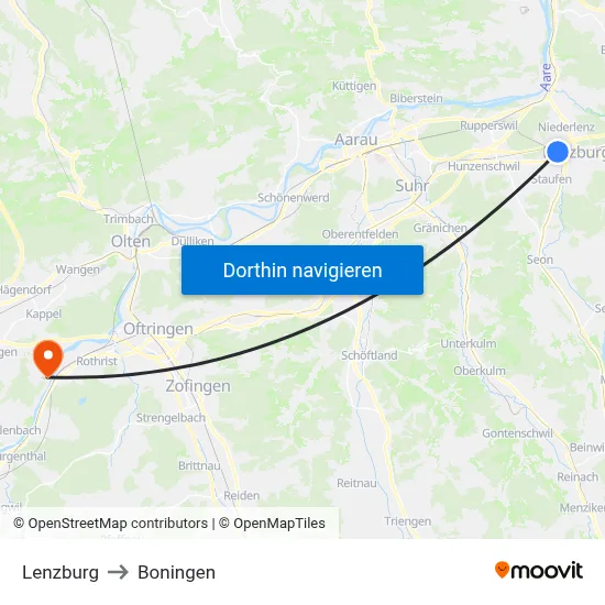 Lenzburg to Boningen map