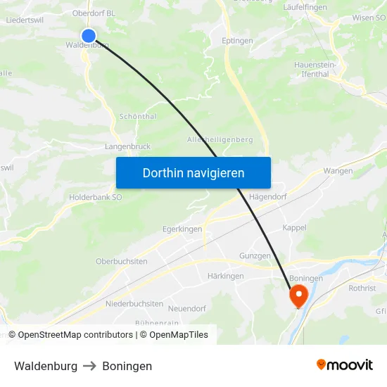 Waldenburg to Boningen map