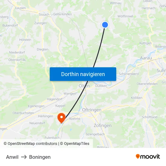Anwil to Boningen map