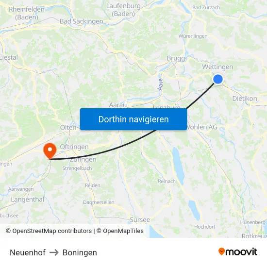 Neuenhof to Boningen map