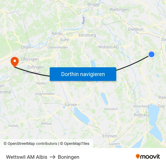Wettswil AM Albis to Boningen map